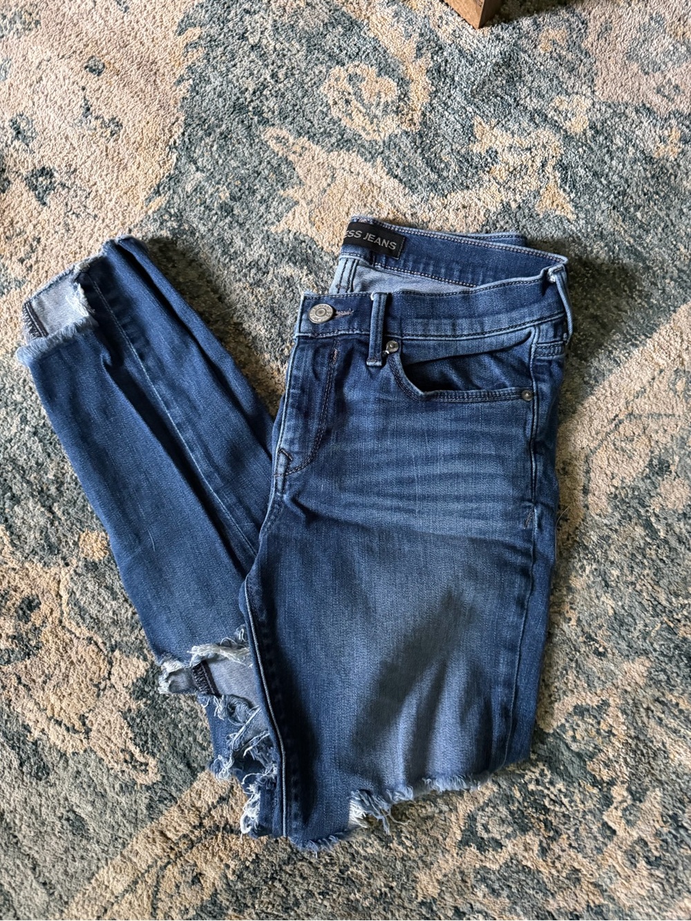 Express Dark Blue Distressed Ankle Jeans